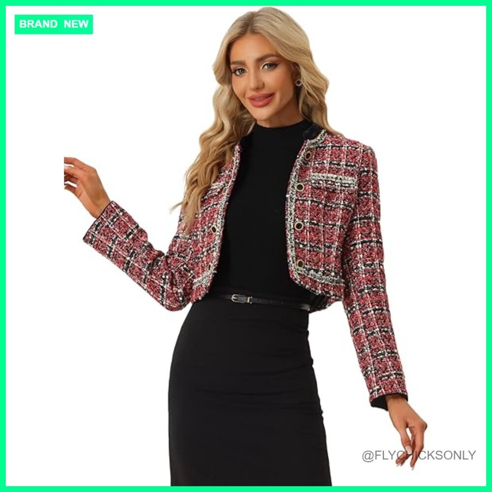 Tweed Plaid Cropped Blazer with Sequins, Open Front, Dressy Casual